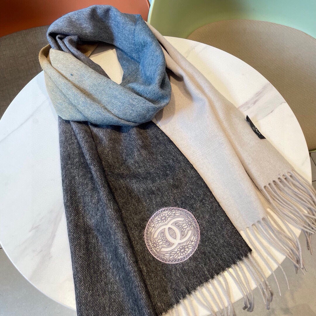CC Scarf 180 CM In Black Blue Mix Grey Beige Cashmere 381207