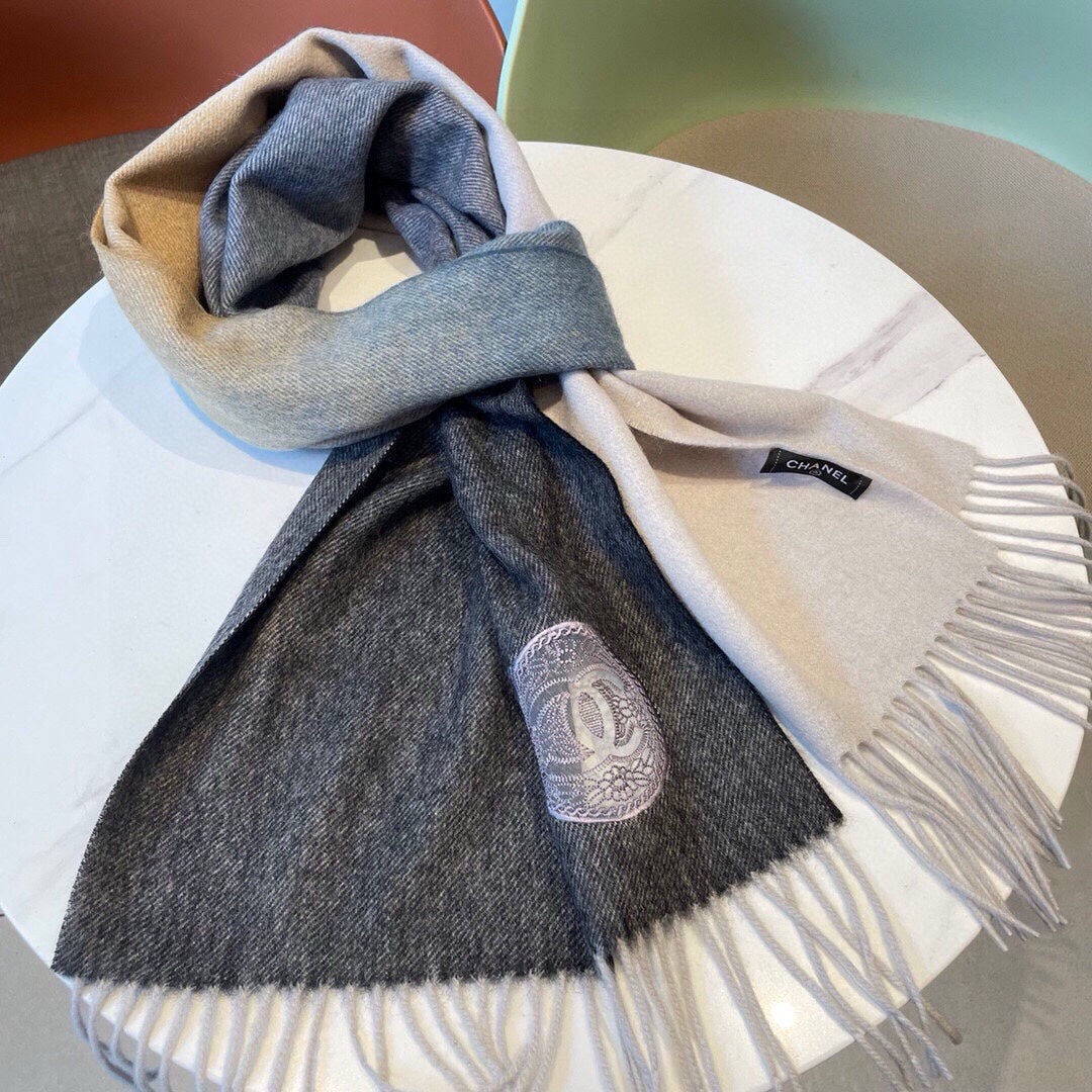 CC Scarf 180 CM In Black Blue Mix Grey Beige Cashmere 381207