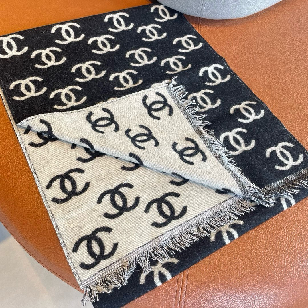 CC Scarf 180 CM In Black Mix Light Grey Print Logo Cashmere And Wool 413631
