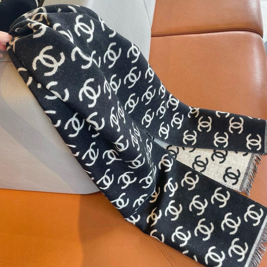 CC Scarf 180 CM In Black Mix Light Grey Print Logo Cashmere And Wool 413631