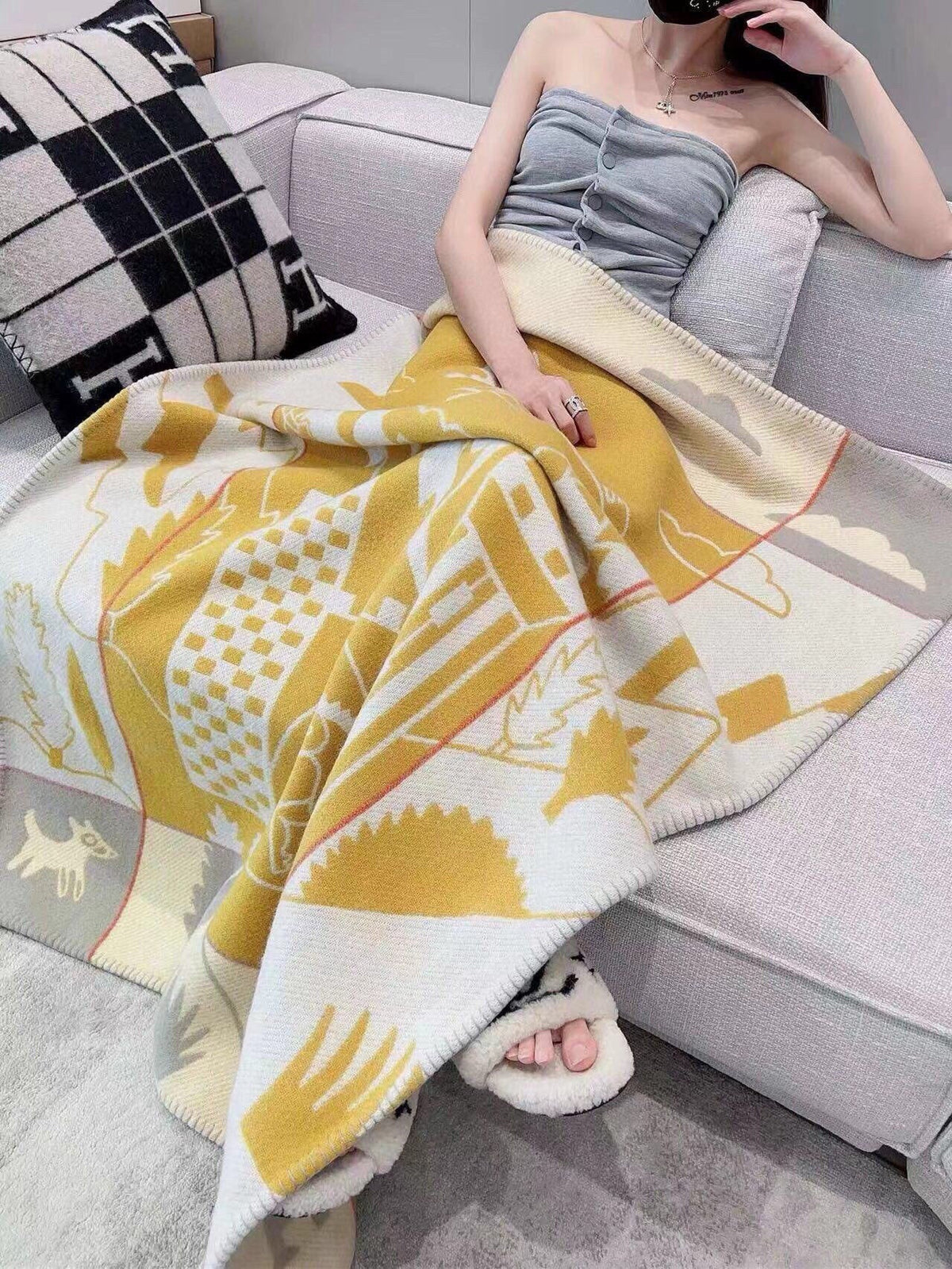 HM Avalon Epopee Blanket Yellow Gray Cashmere Wool 524201