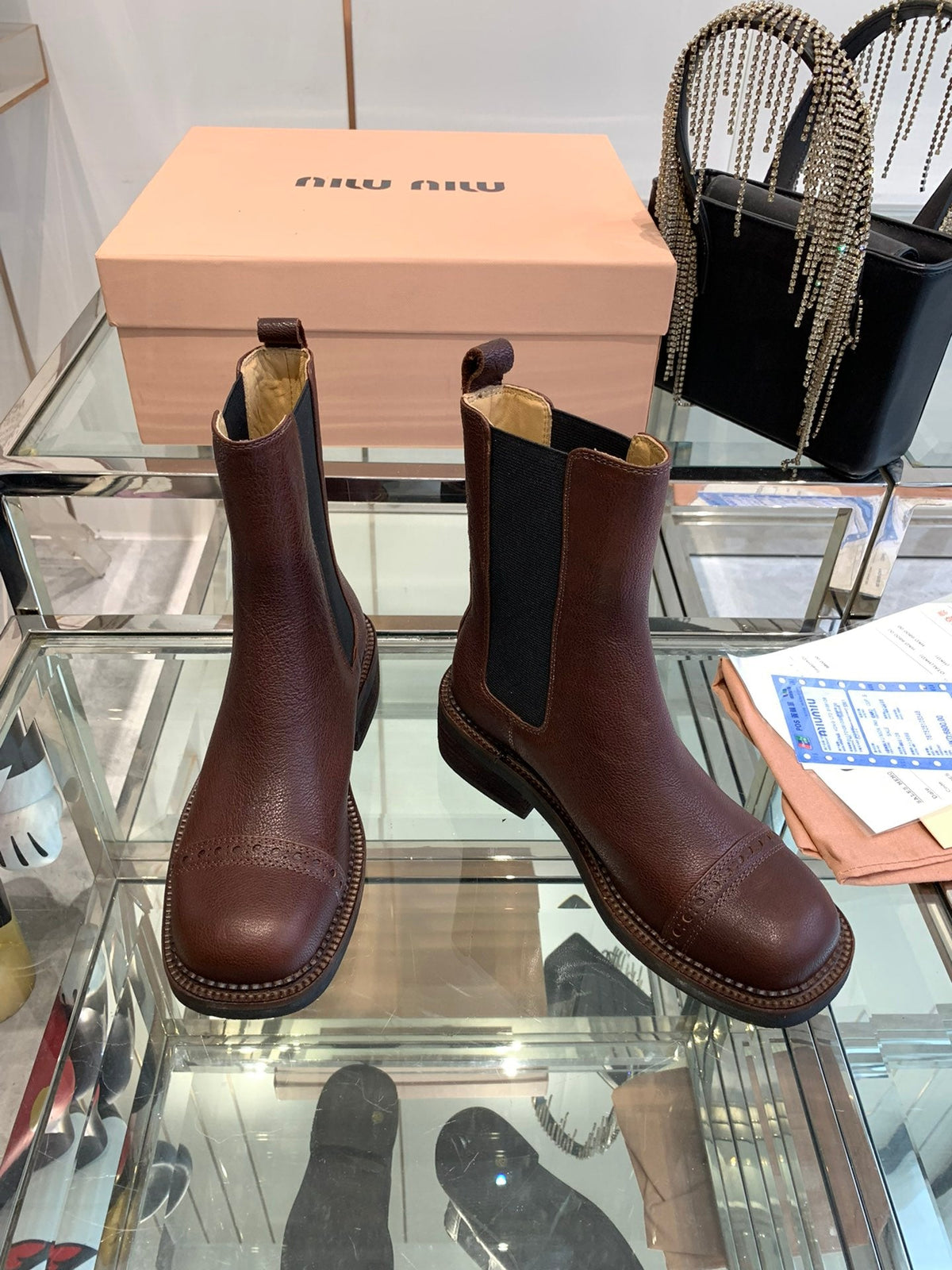 Miu Short Boots Brown Earth Vegetable Blended Cowhide