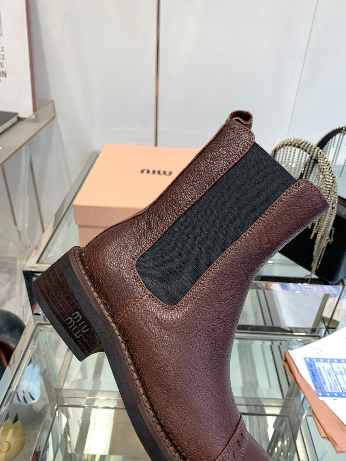 Miu Short Boots Brown Earth Vegetable Blended Cowhide