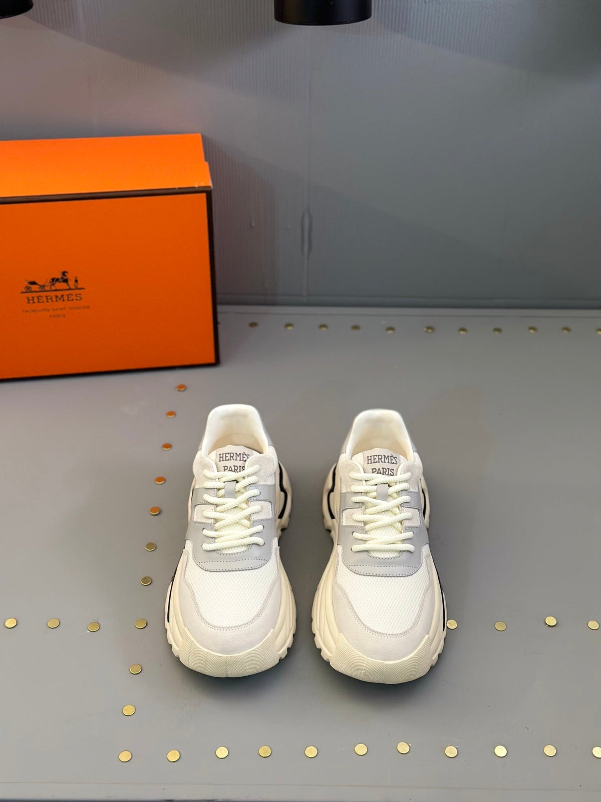 HM Men's Sneaker White Grey Mesh Calfskin 541262
