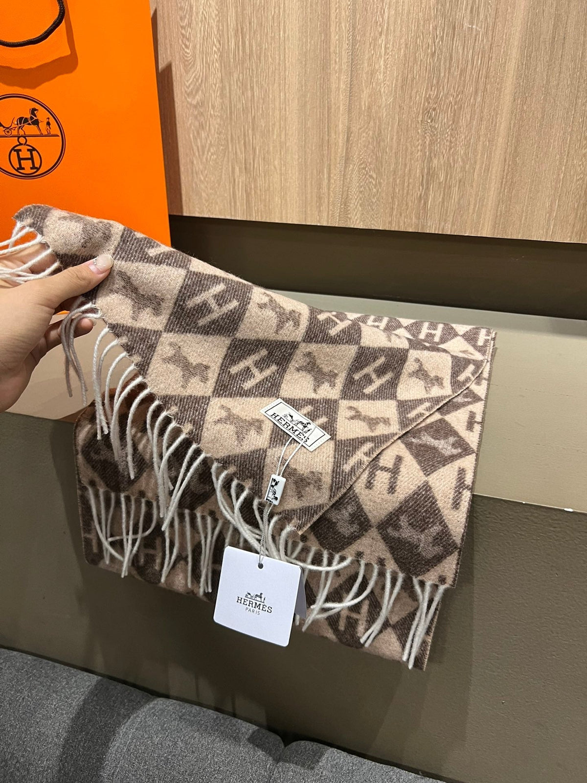 Scarf Cashmere 180 CM In Dark Beige Mix Dark Brown Fine Wool 290425