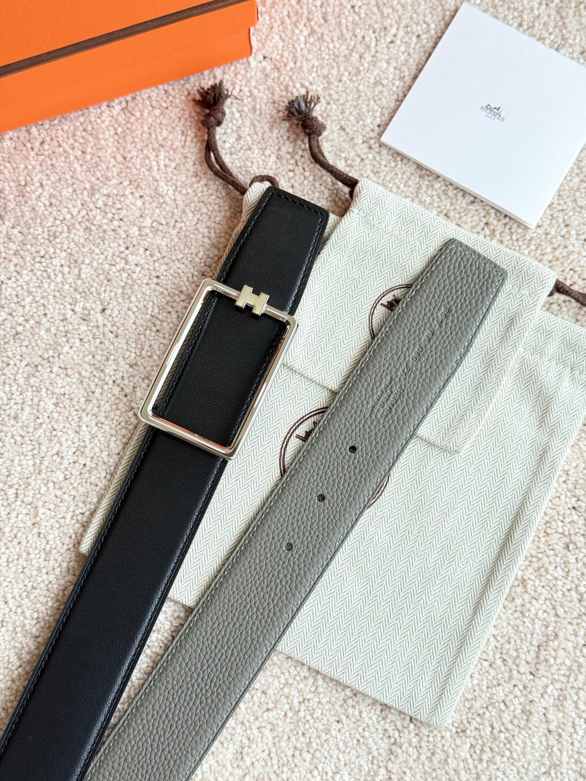 HM Silver Tube H Buckle Belt 38mm Meyer gray Leather 187782