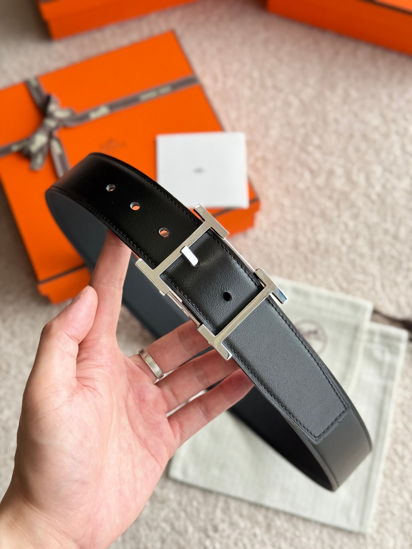 HM Silver Hadrien Reversible 38mm Belt Black Leather 188082