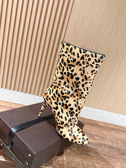 ALAIA high-heeled short boots leopard print velvet 386014