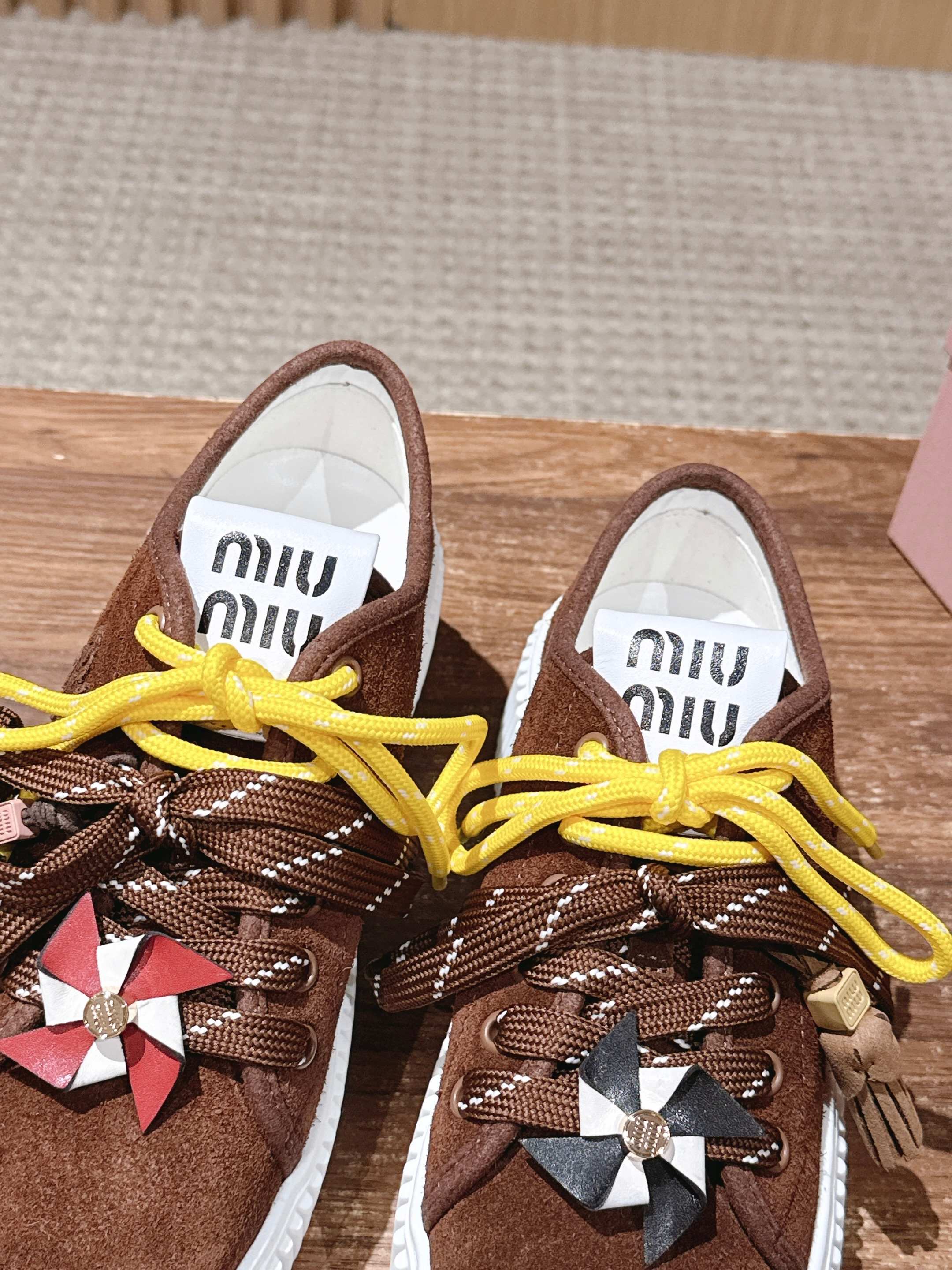 Miumiu 25 Platform Sneakers Brown Yellow Suede Wool 553691