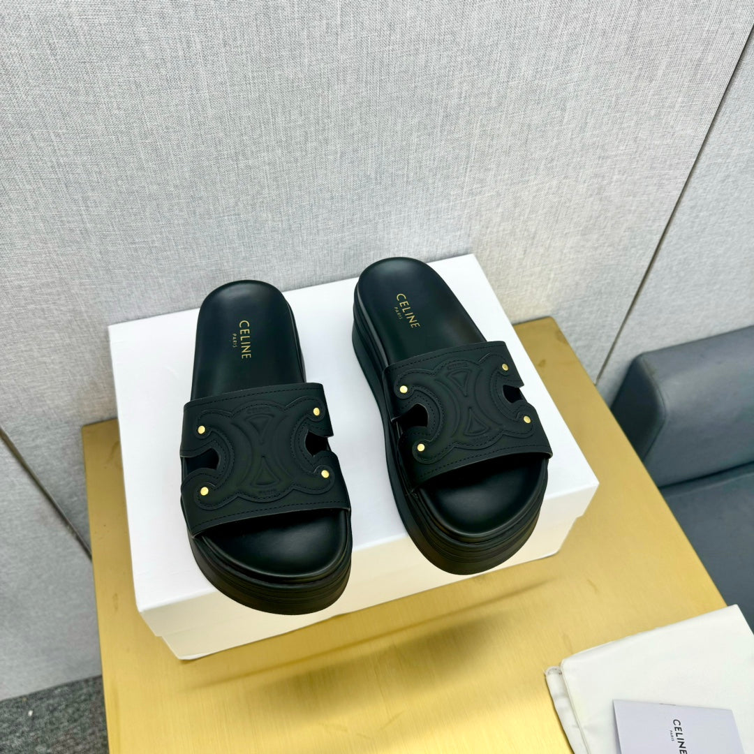 Celine Platform Slide Black Leather 238139