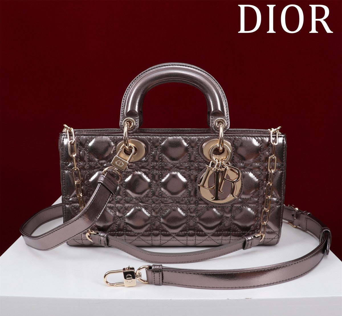 medium lady d-joy 26 dark purple metalic lambskin