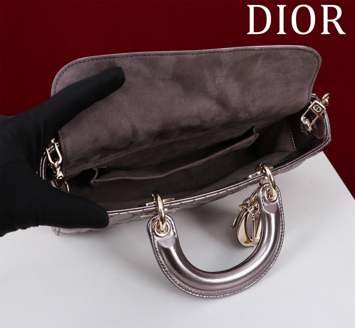 medium lady d-joy 26 dark purple metalic lambskin