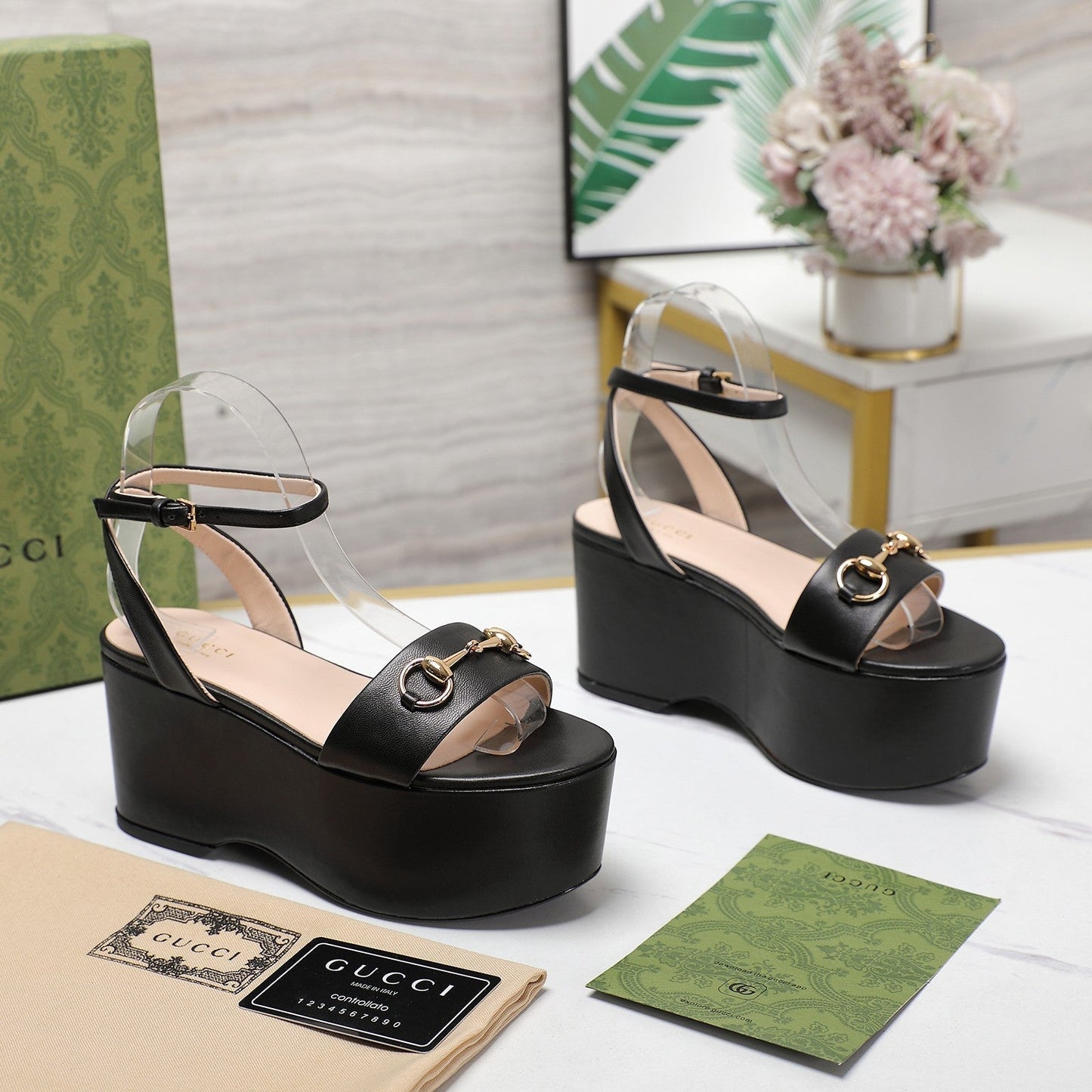 GG  Horsebit Wedges Sandals Black