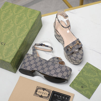 GG  Horsebit Wedges Sandals Grey
