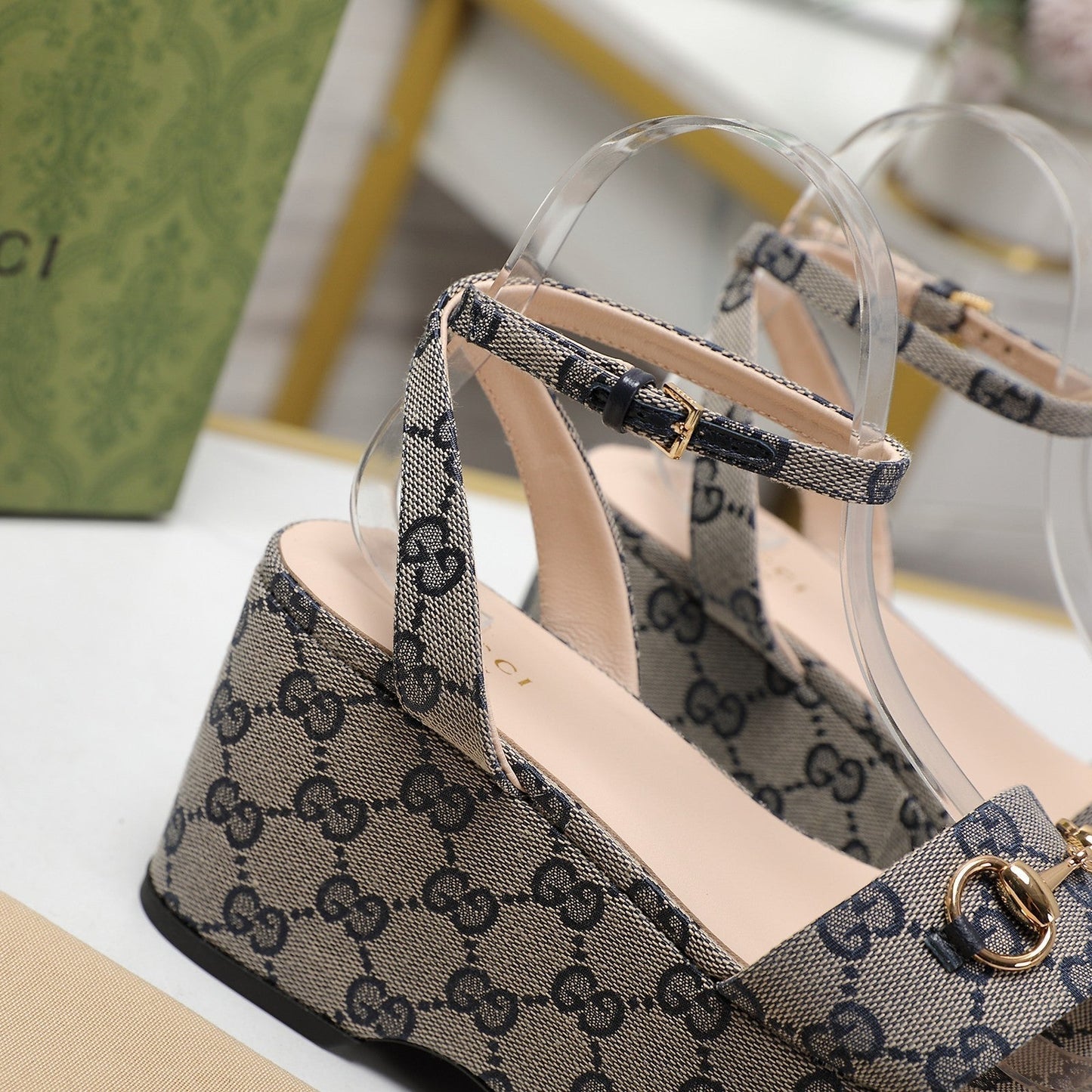 GG  Horsebit Wedges Sandals Light Grey