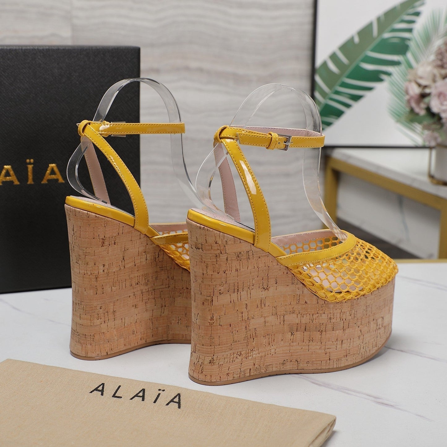 ALAIA WEDGE SANDAL IN YELLOW MESH AND BEIGE RUBBER