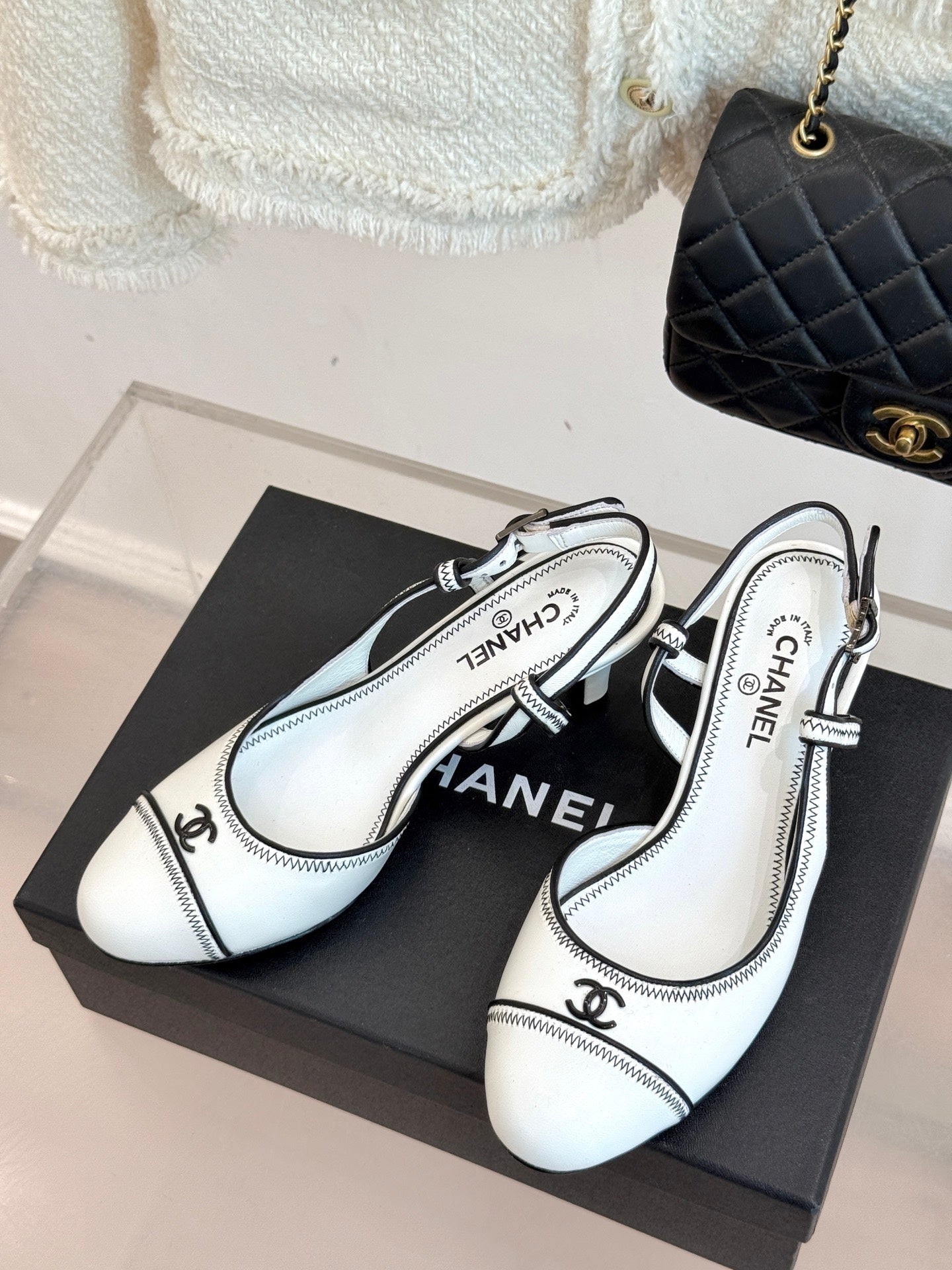 Chanel 25 Slingback White Black Sheepskin 473059
