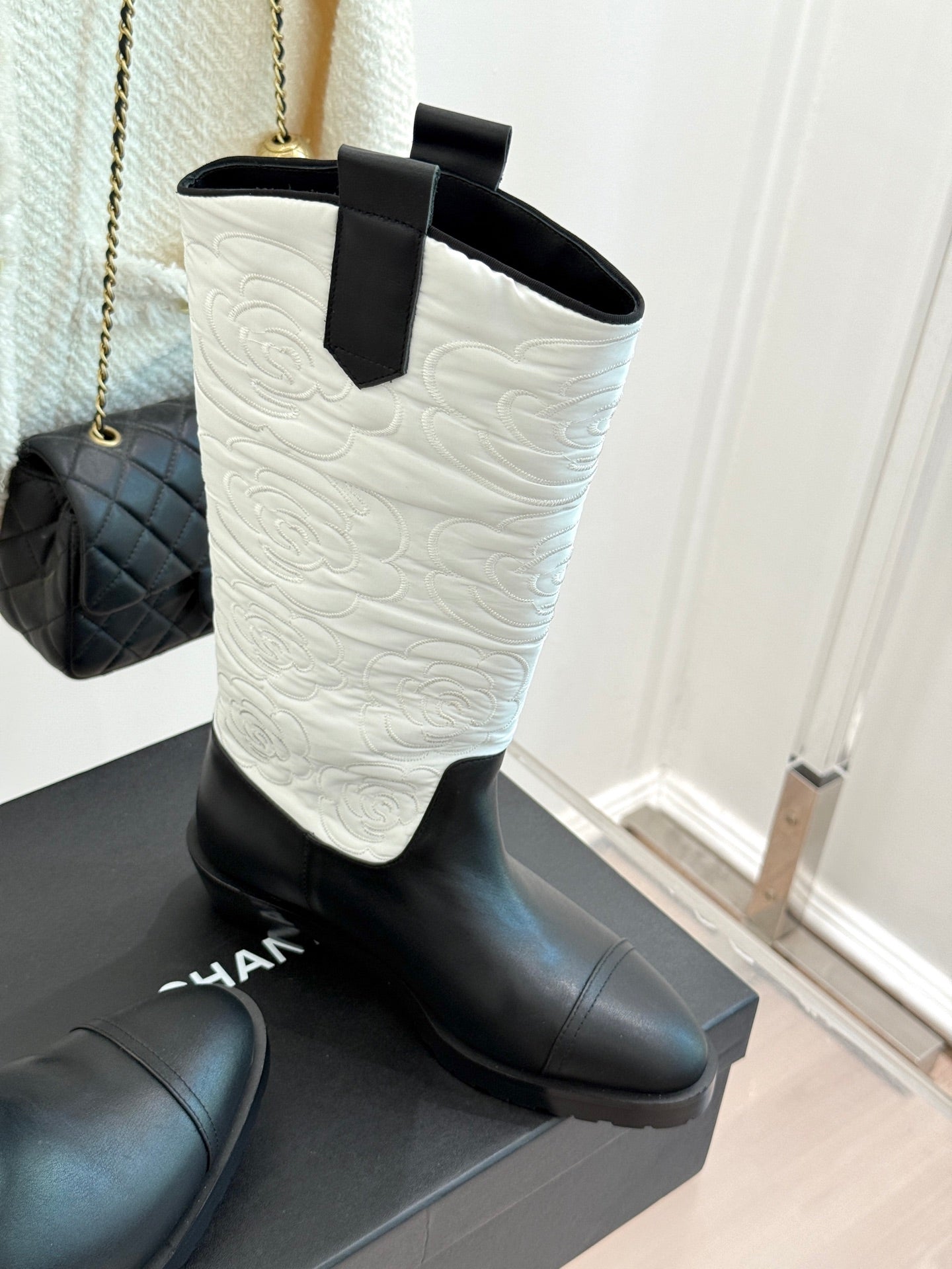 CC cowboy mid-calf boots black white sheepskin denim fabric 511981