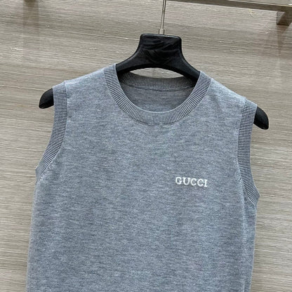 Gucci 2025 Logo Embroidered Knitted Vest Top Gray Wool