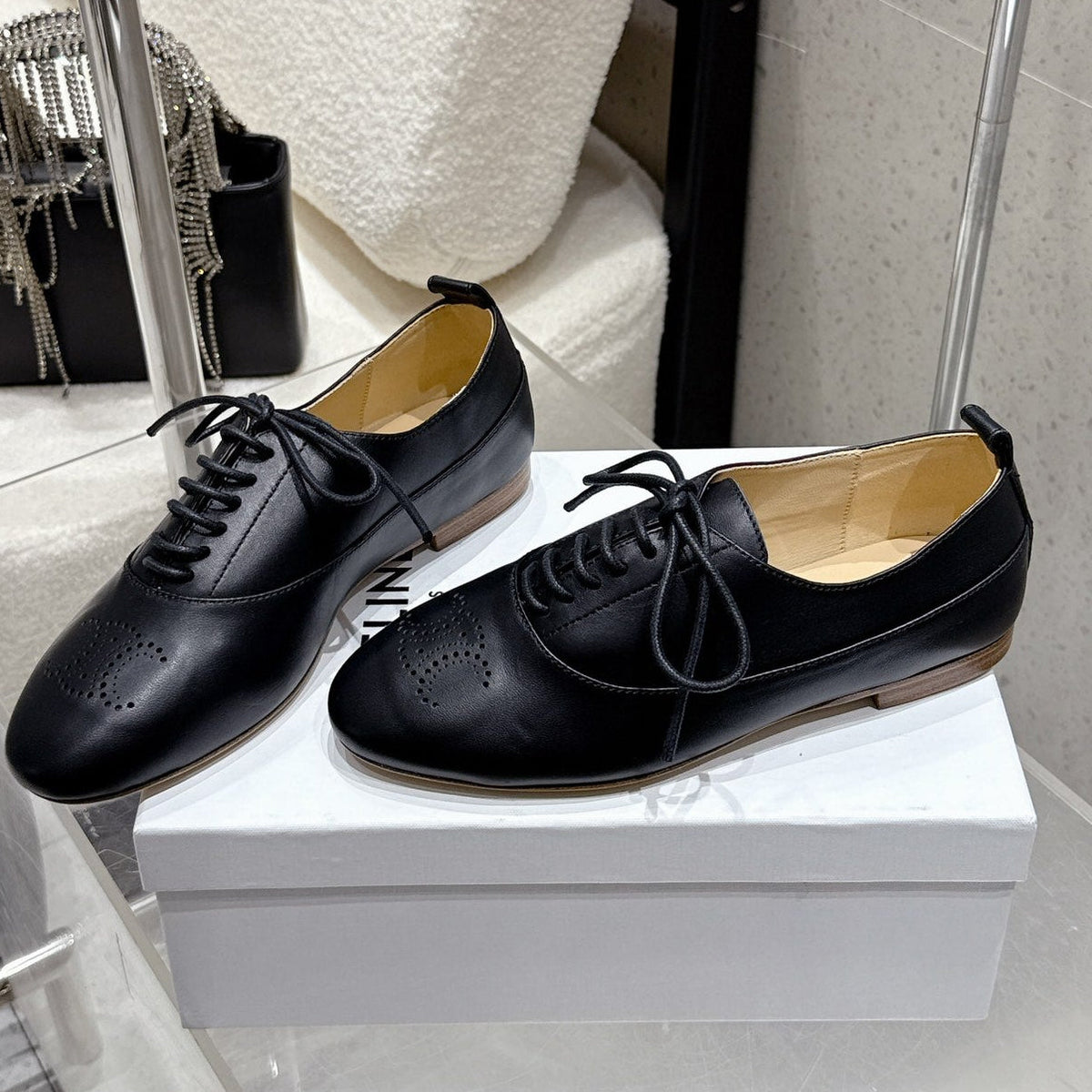 Celine 25 Lise Perforated Triomphe Richelieu Shoe Black Lambskin 554195