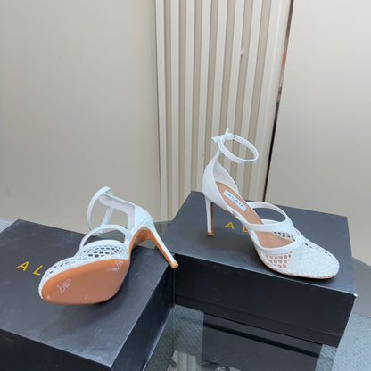 Alaia Fishnet Thong Heels Sandals White Lambskin 299659