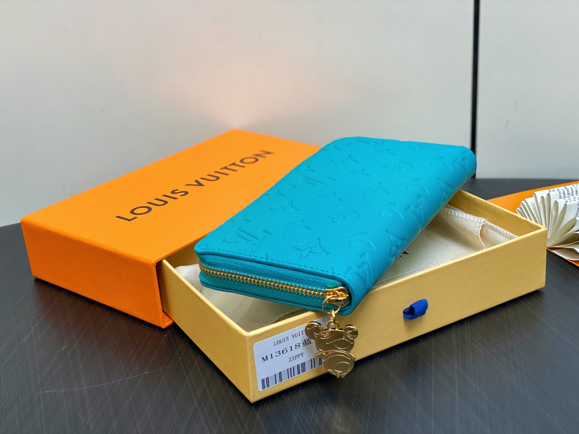 LV Ã— TM Zipper Wallet Blue Gold Leather 329915