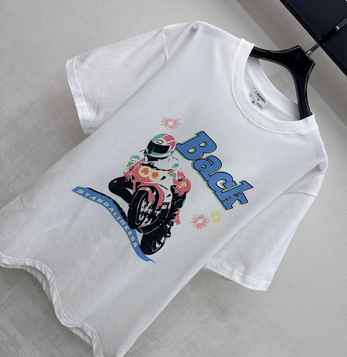 Chanel 2026 Crew Neck Motorcycle Print T-Shirt Cotton 210433