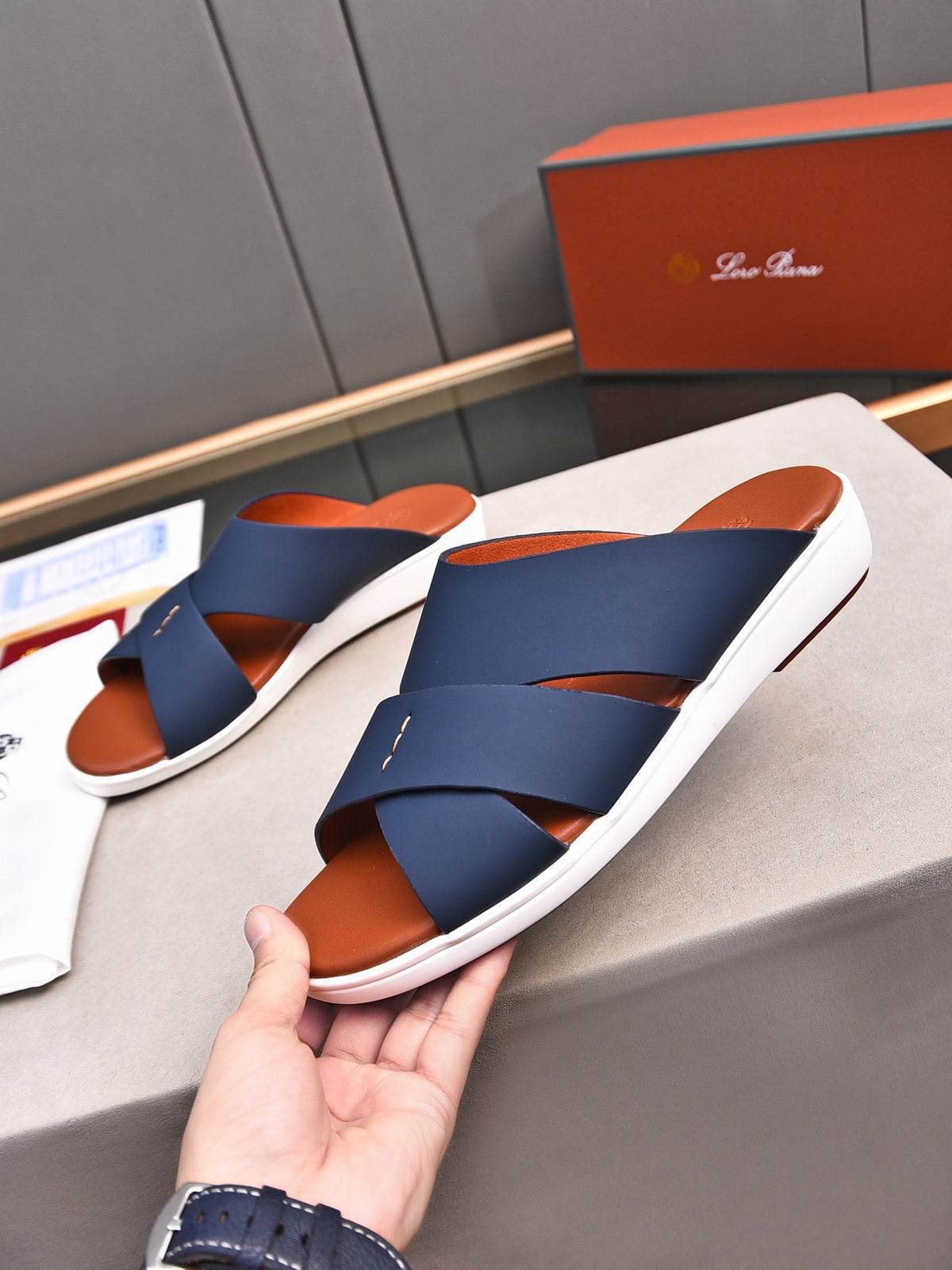 LP INTERWOVEN STRAPS SLIPPERS NAVY CALFSKIN