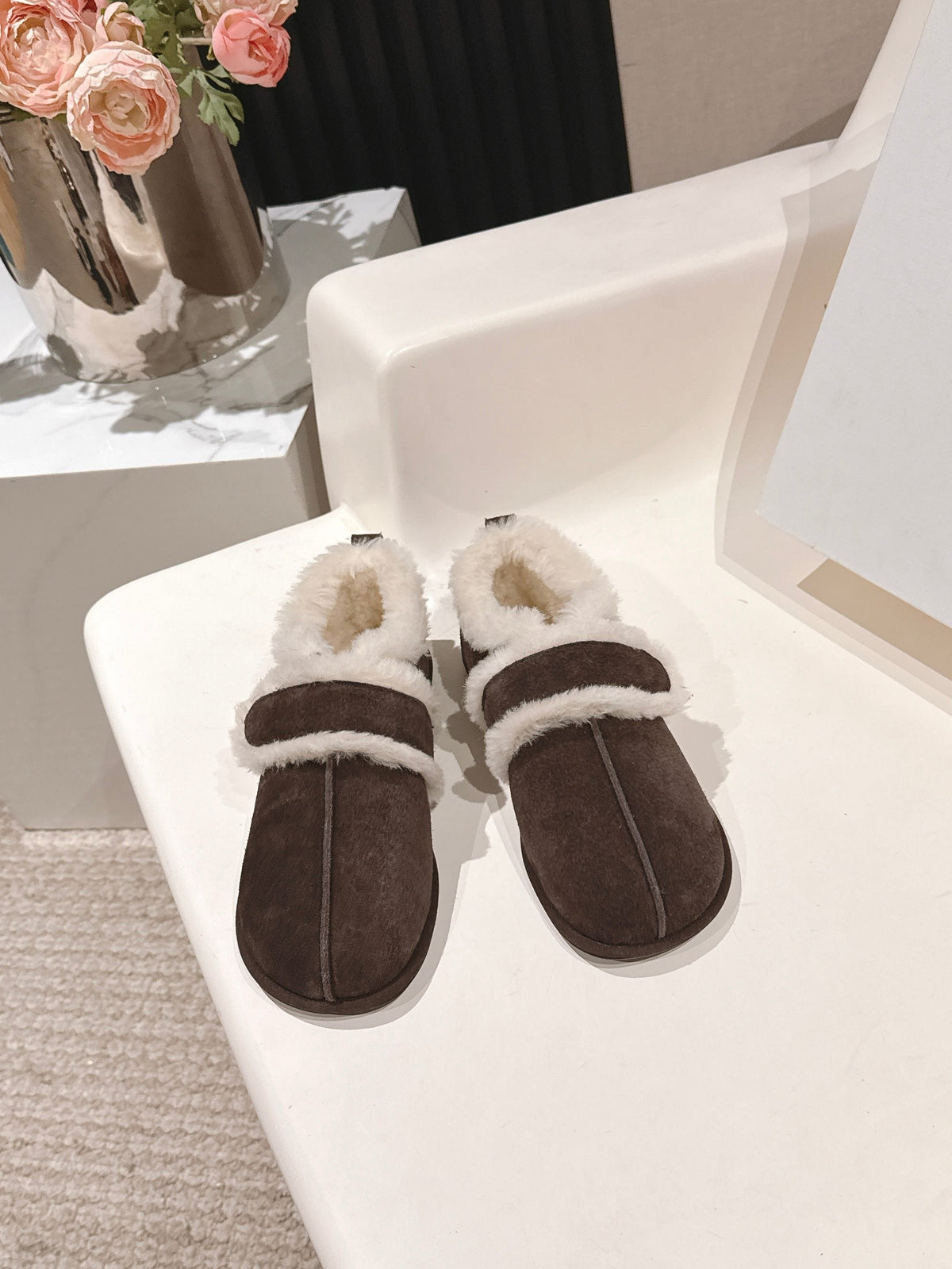 The Row 2025 Furry Shoe Dark Brown White Suede Wool 560591