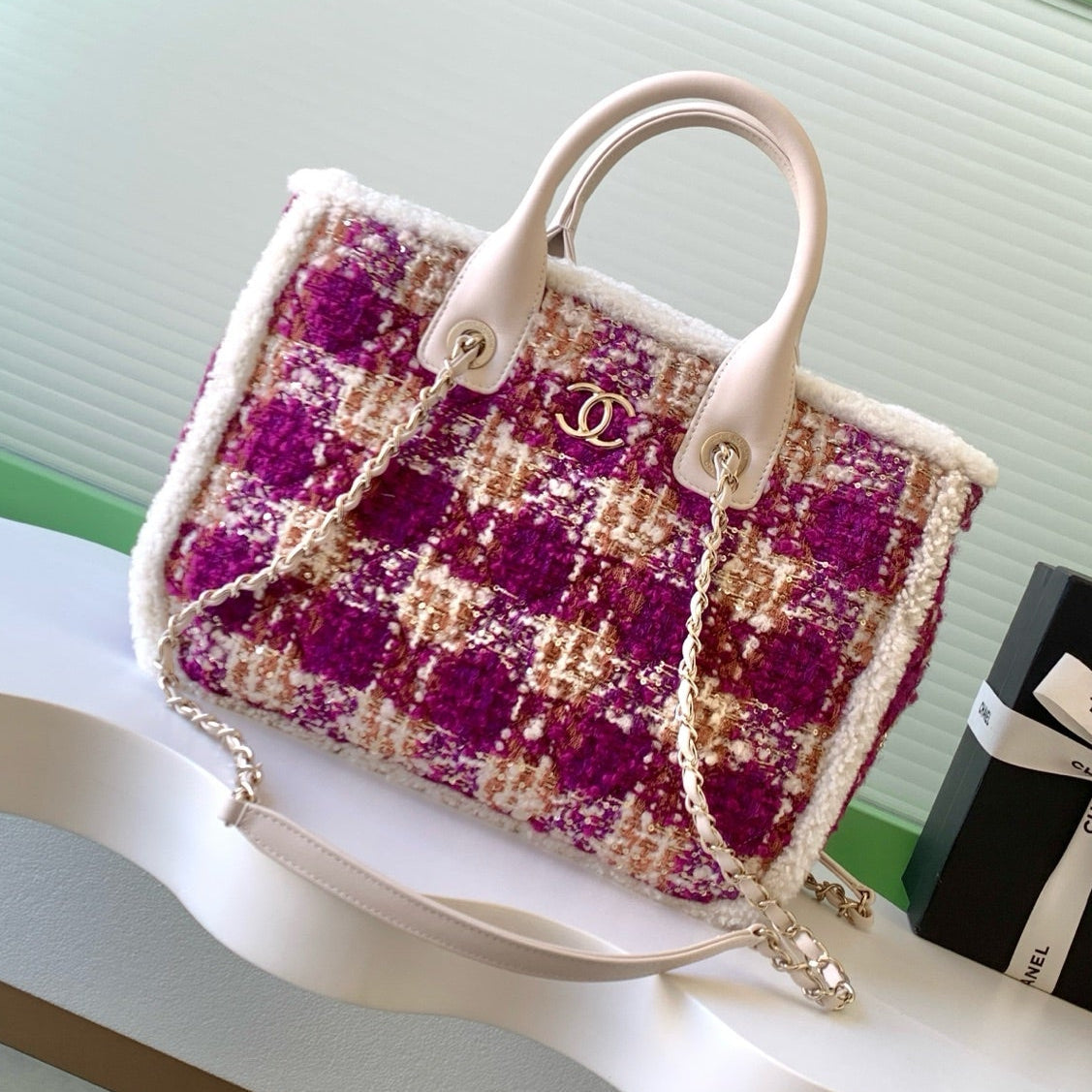 CC 2025 Bag Pink White Tweed Fabric Leather