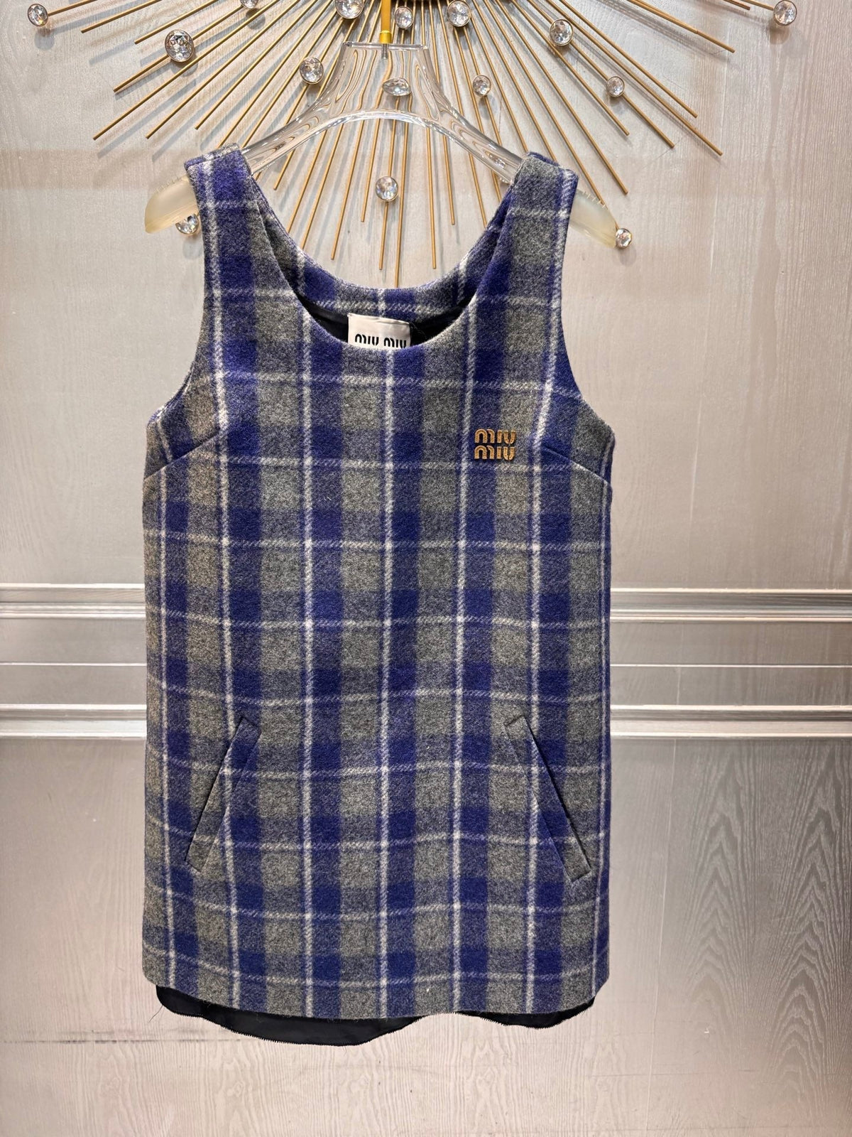 Miumiu 2026 Plaid Vest Dress Blue-Gray Wool Viscose