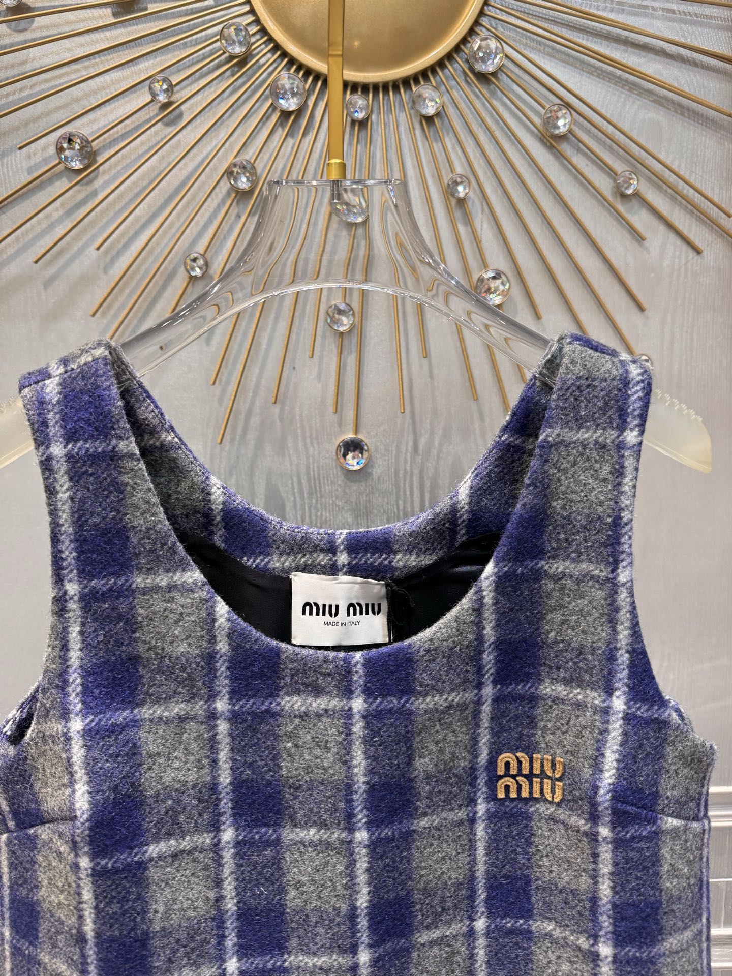 Miumiu 2026 Plaid Vest Dress Blue-Gray Wool Viscose