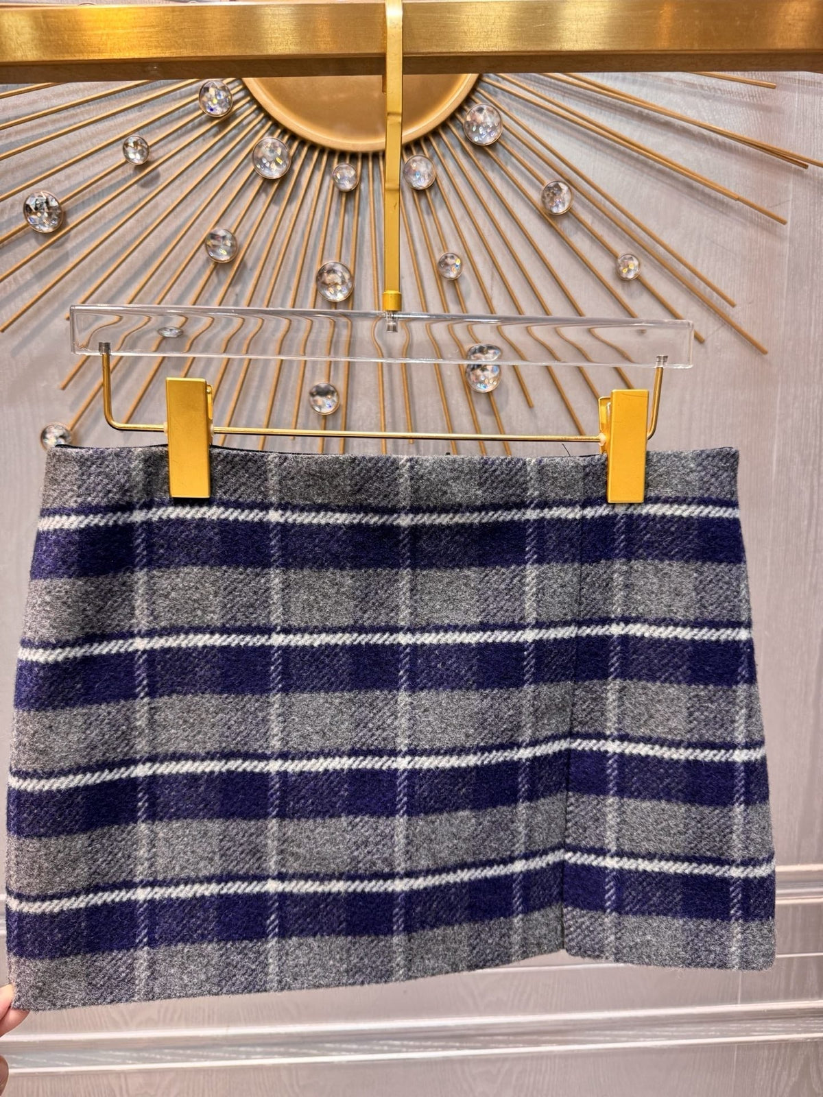 Miumiu 2026 Plaid Midi Skirt Blue-Gray Wool Viscose