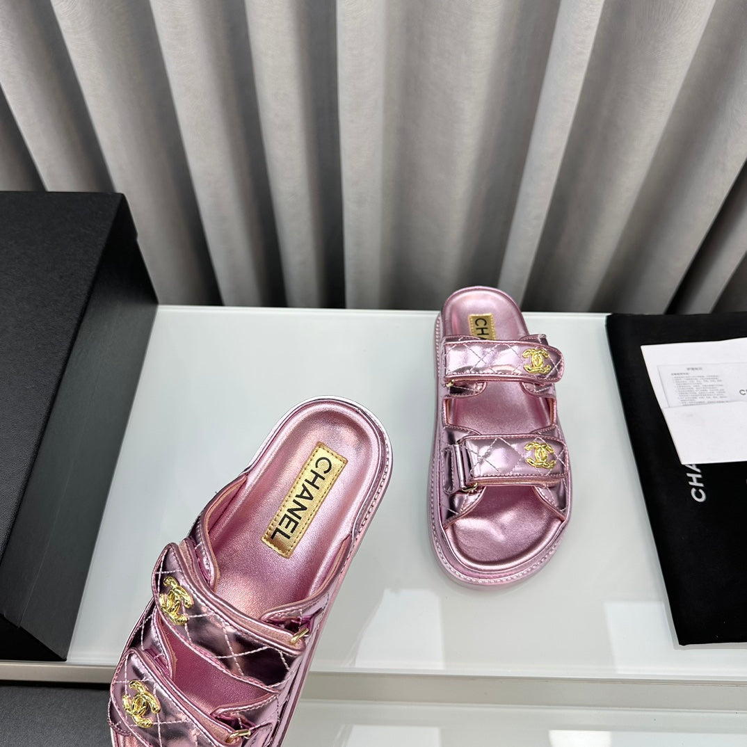 dad sandals pink metalic lambskin mules