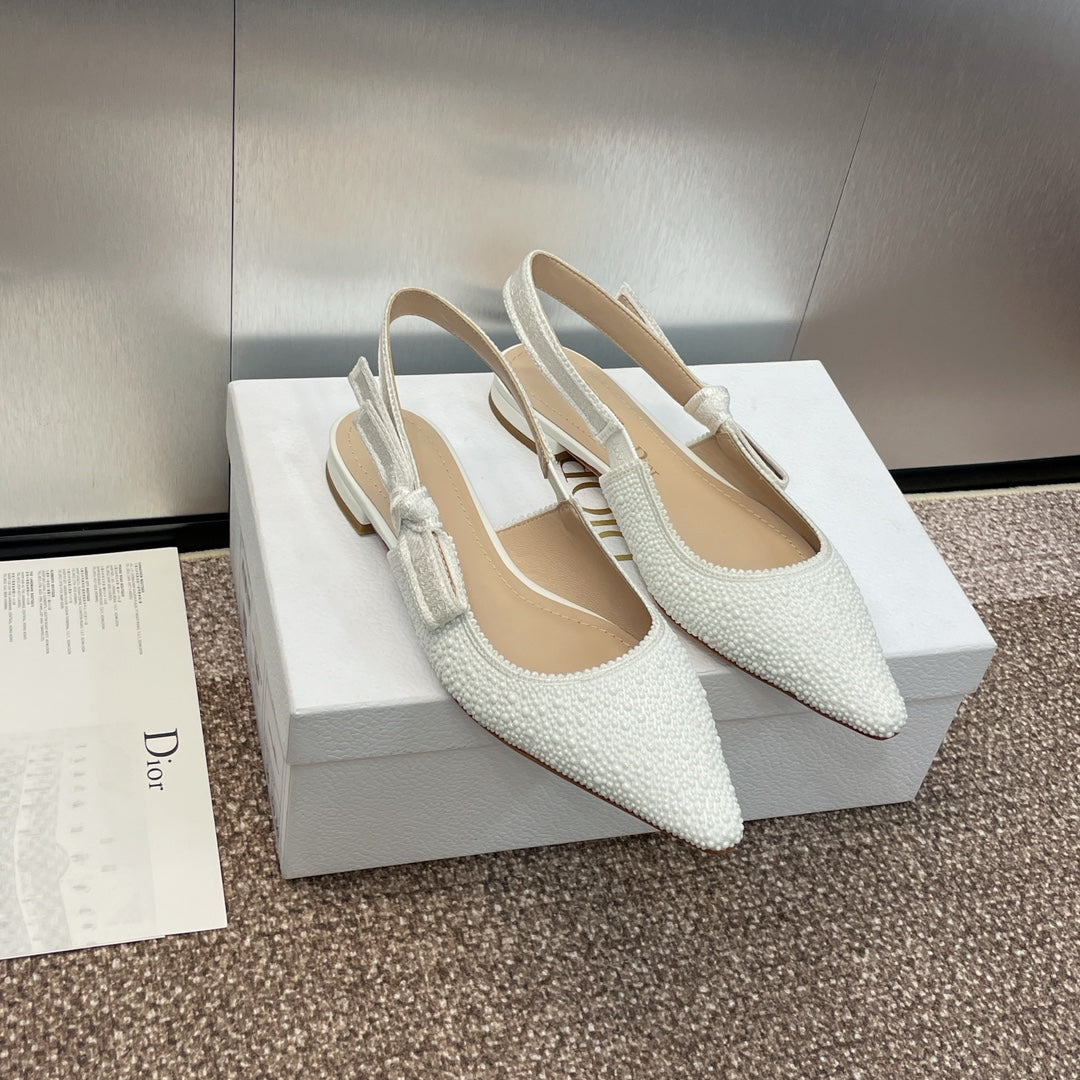 cd slingback flat embroidered cotton white calfskin resin pearl