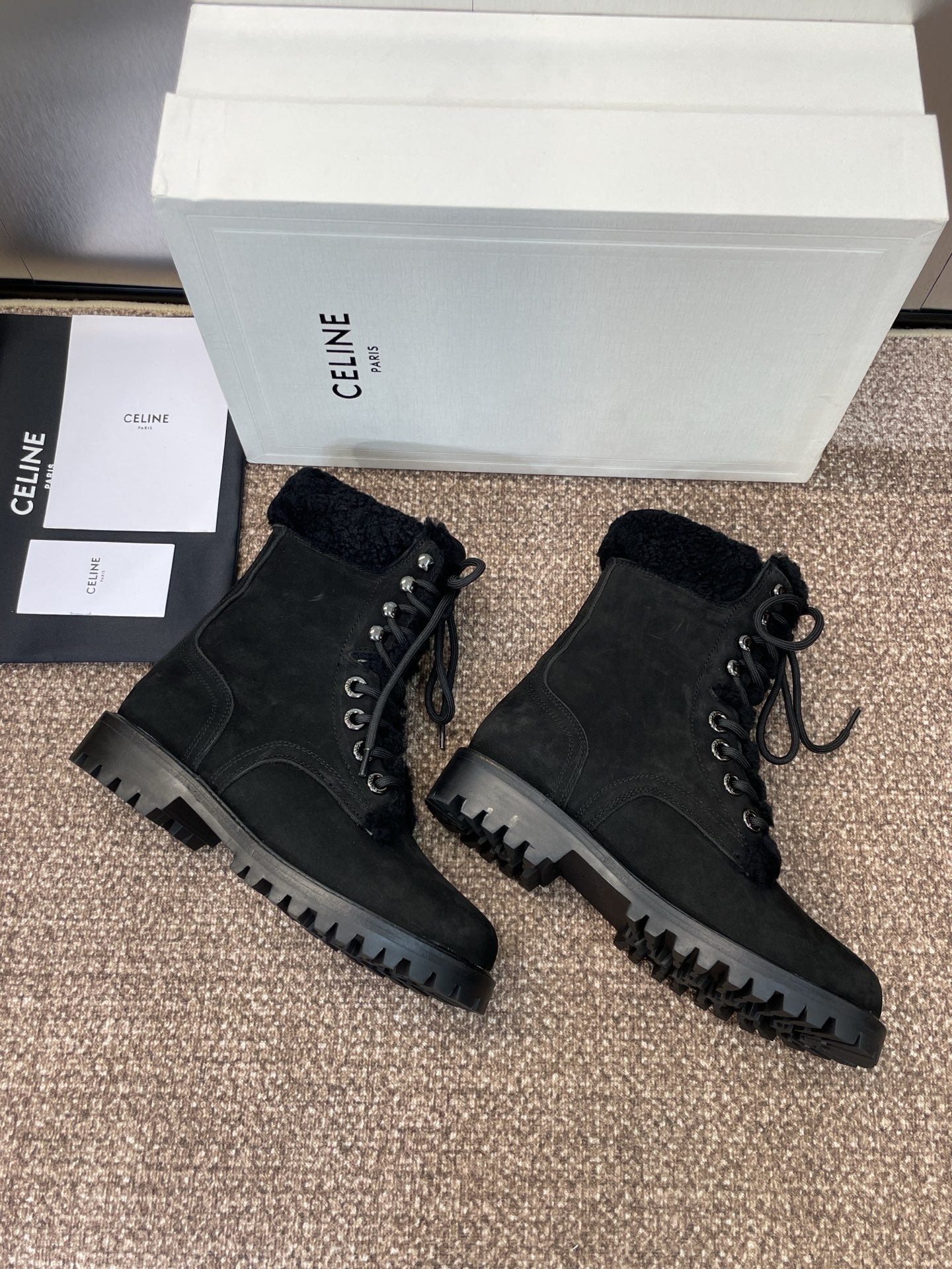 CELINE Ankle Boots Black Suede Lambswool 433387