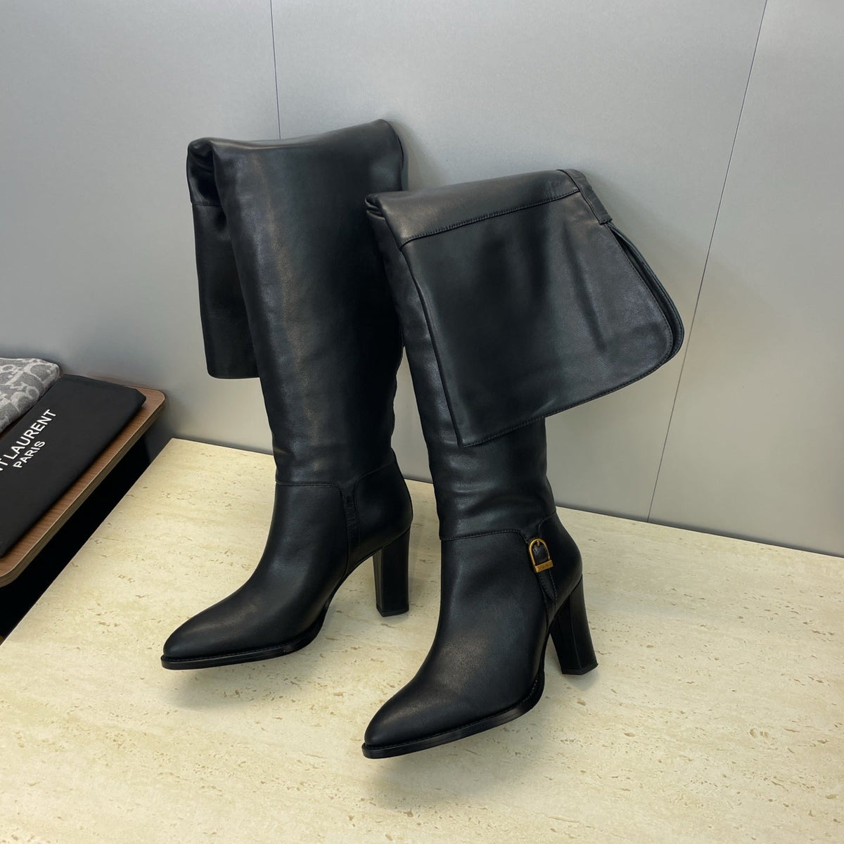 YSL 2025  High-Heeled Pointed-Toe Knee-High Rider Boot Black Calfskin 574018
