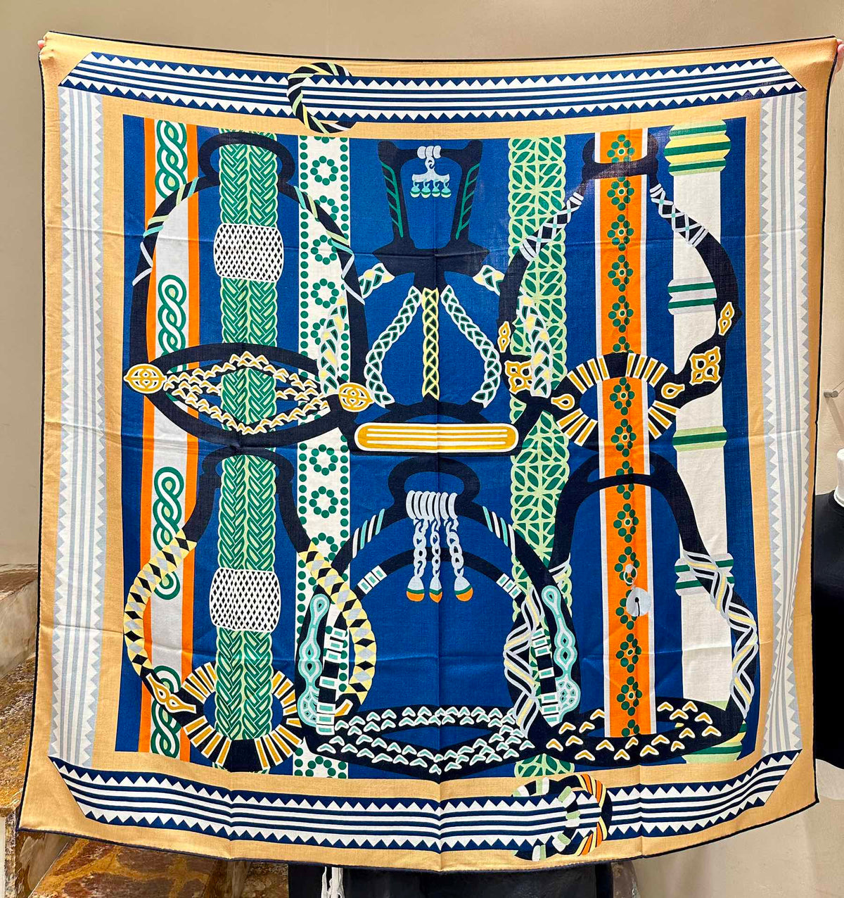 Fantaisie d'Etriers Scarf  140 CM Green Mix Blue Colorful Silk