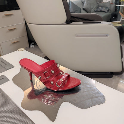 STRAPPY HIGH-HEELED SANDALS IN RED STUDDED WAX-OIL SHEEPSKIN