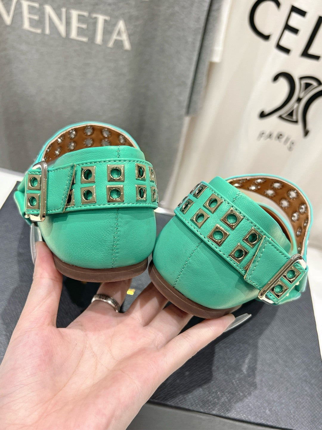 Alaila Biker Ballet Flats In Seafoam Green Cowhide 911446