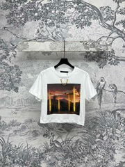 LV 25 Dusk Printed Patch Short-sleeved T-shirt White Cotton