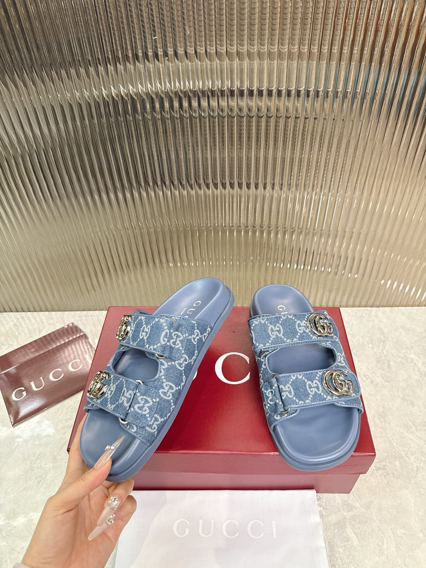 Gucci 2026 Double G Sandal Blue Denim Leather