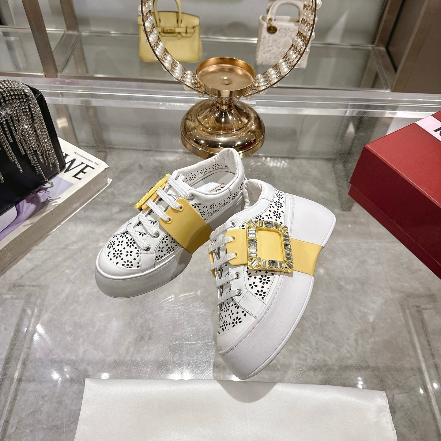 Viv 25 Square Buckle Platform White Yellow Cowhide 262976