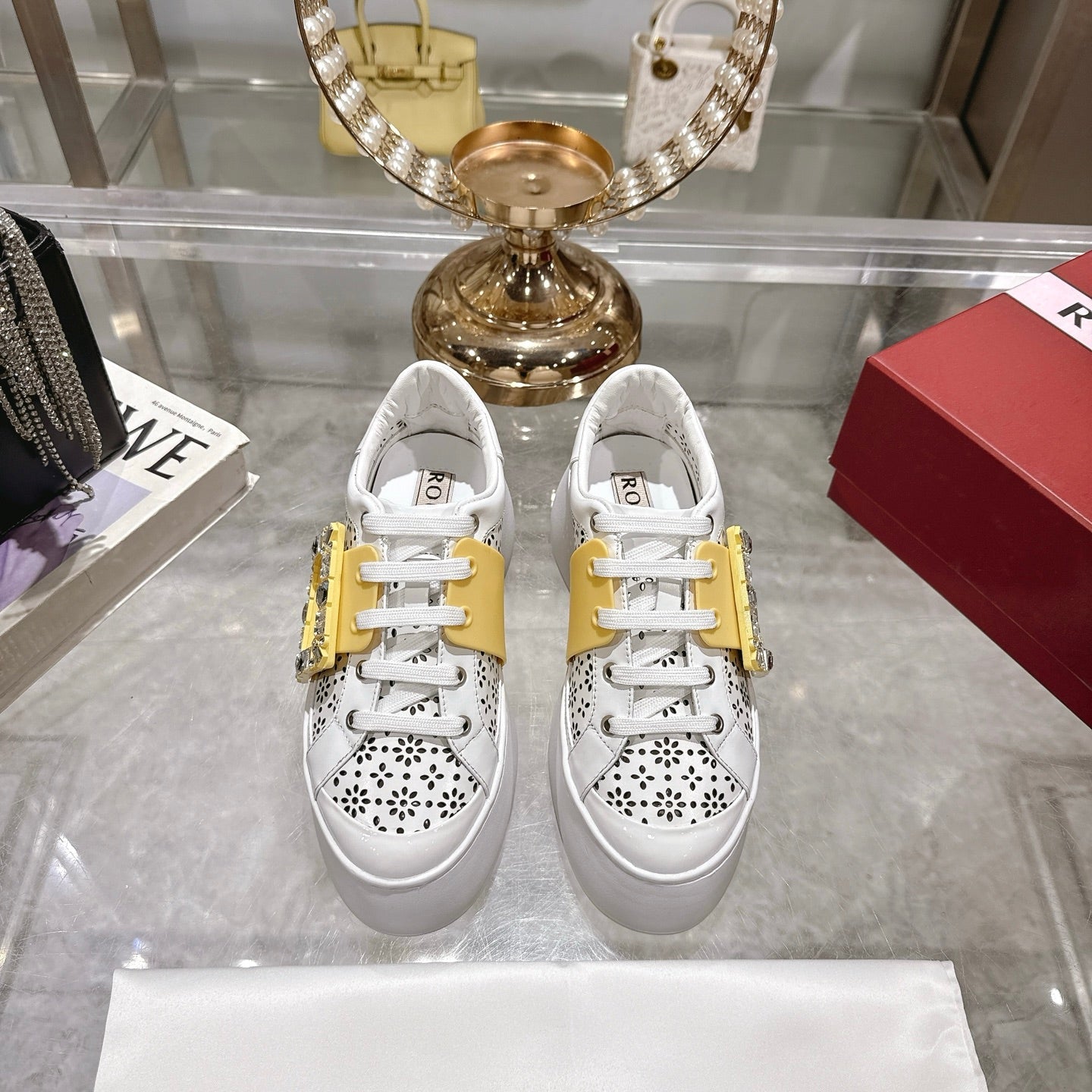 Viv 25 Square Buckle Platform White Yellow Cowhide 262976