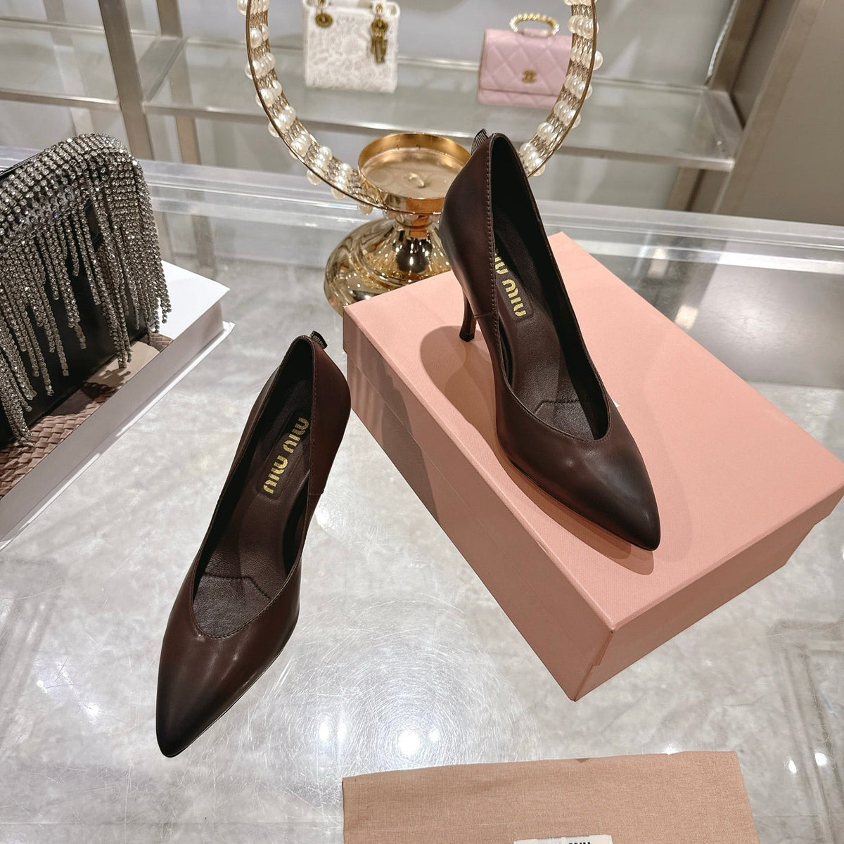 Miu High Heel Pumps Chocolate Brown Sheepskin 592080