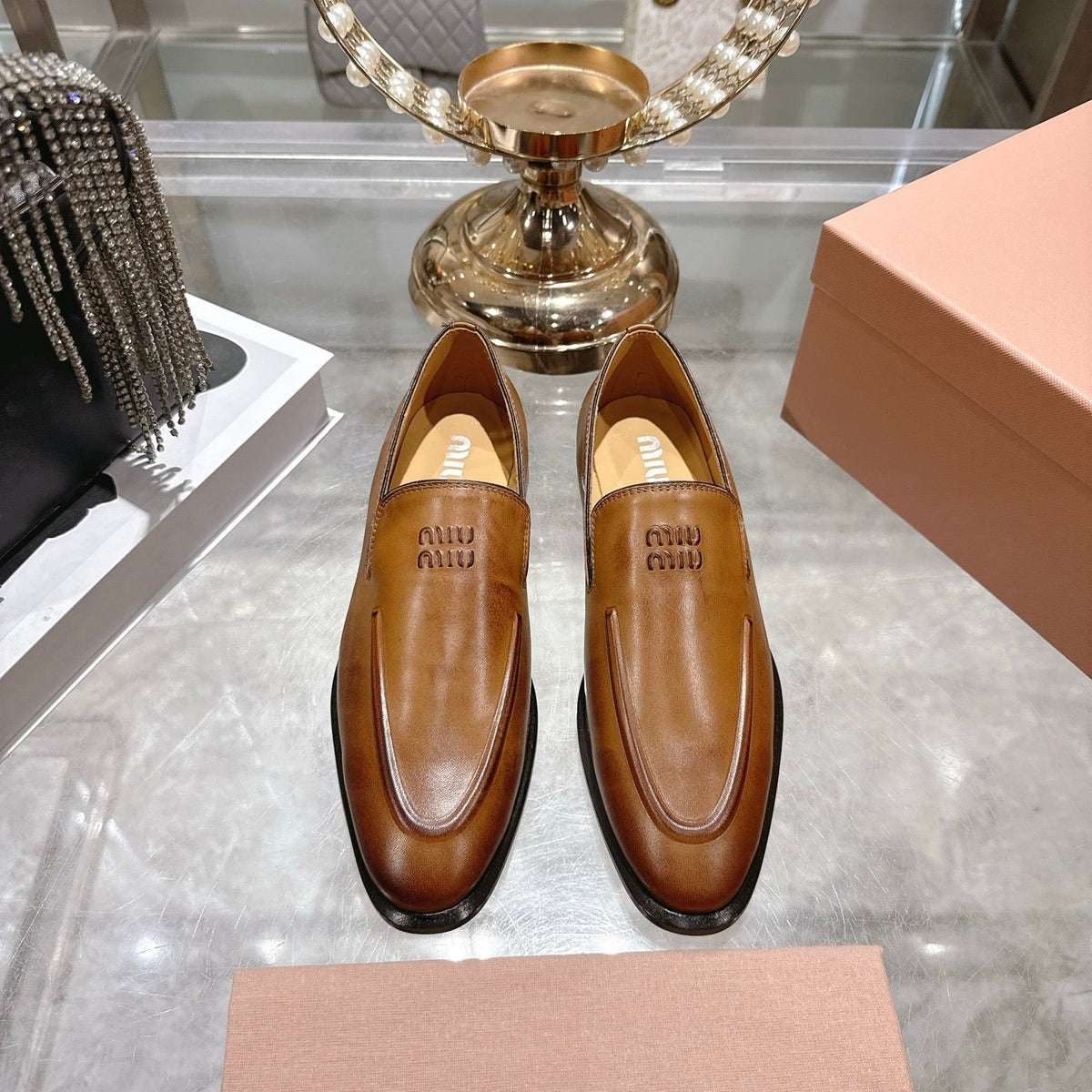 Miu Distressed Loafers Camel Brown Cowhide 592055