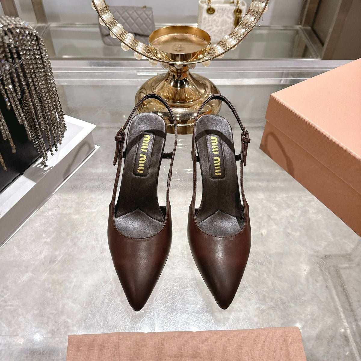 Miu 26 High Heel Slingback 75 Brown Chocolate Cowhide 592082