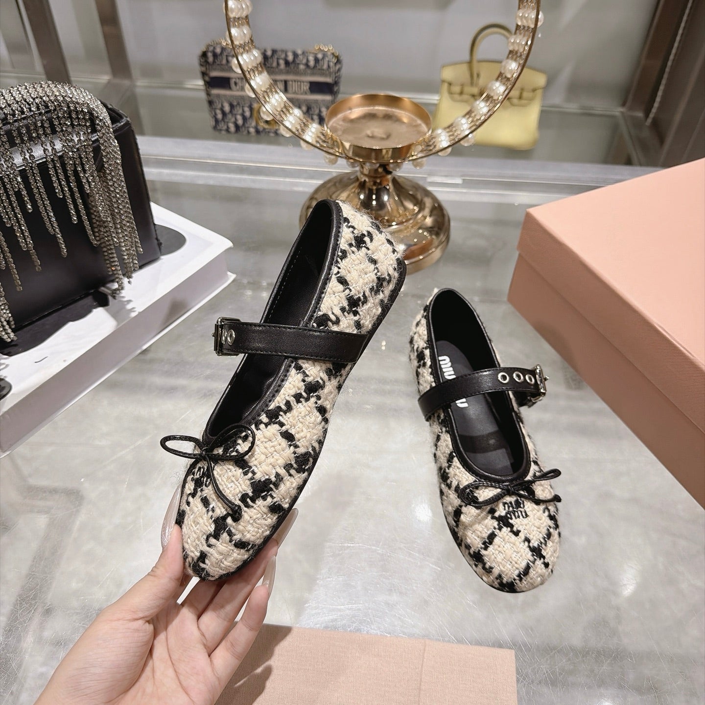 Miu Miu 2026 Bouclé Check Ballet Flats Tweed Leather 999630
