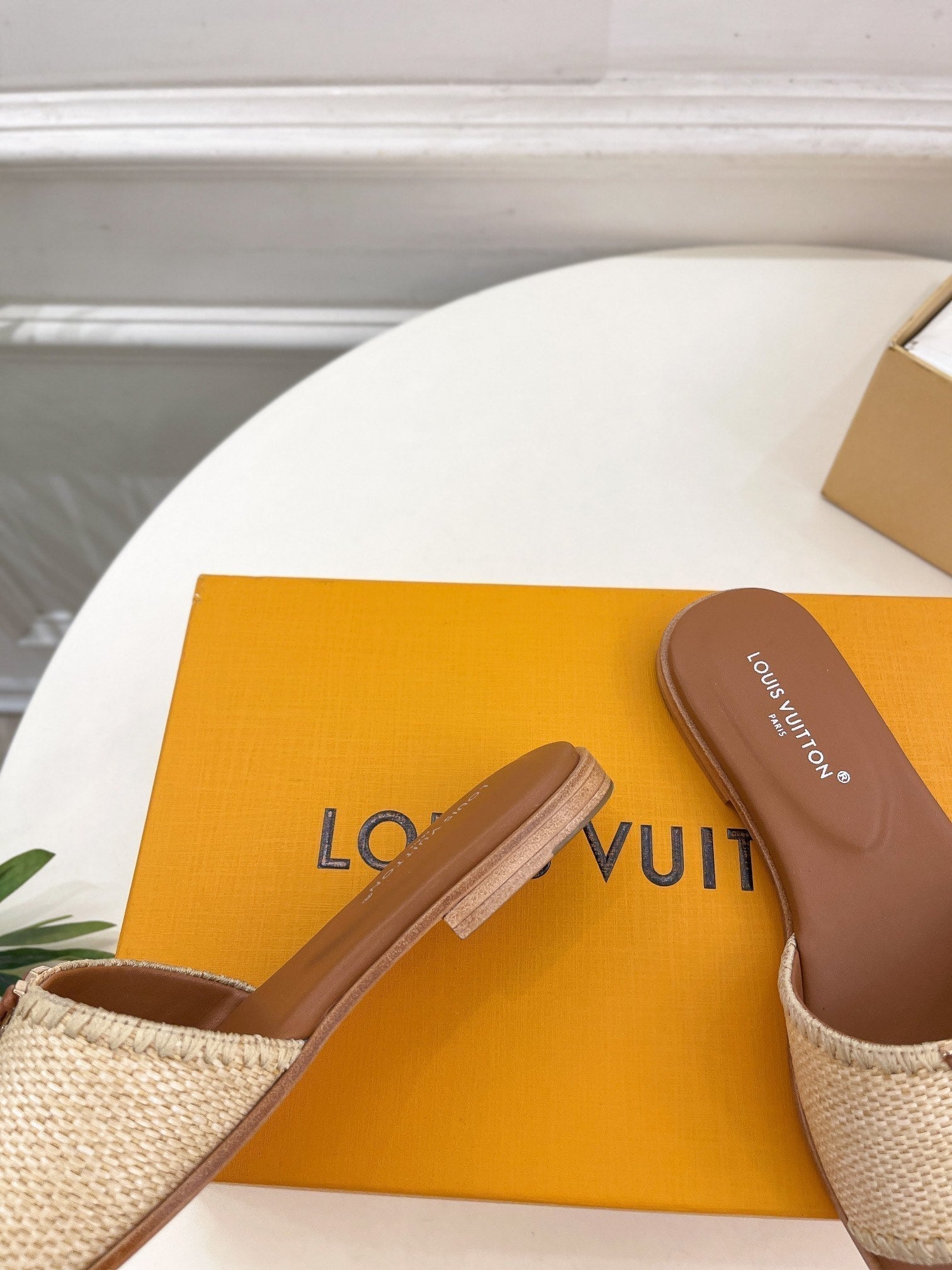 lv capri flat mule beige raffia dark brown calfskin
