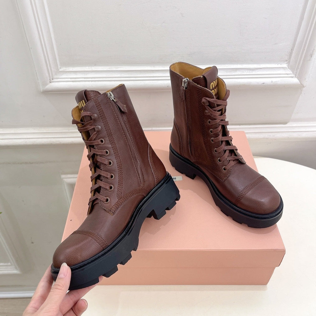 Miu Laced Booties Brown Chocolate Calfskin